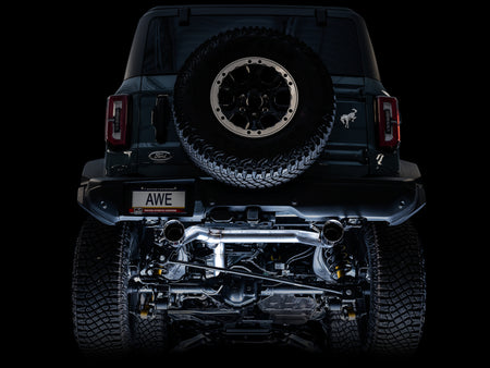 AWE Tuning 2021+ Ford Bronco 0FG Dual Rear Exit Exhaust w/Chrome Silver Tips & Bash Guard