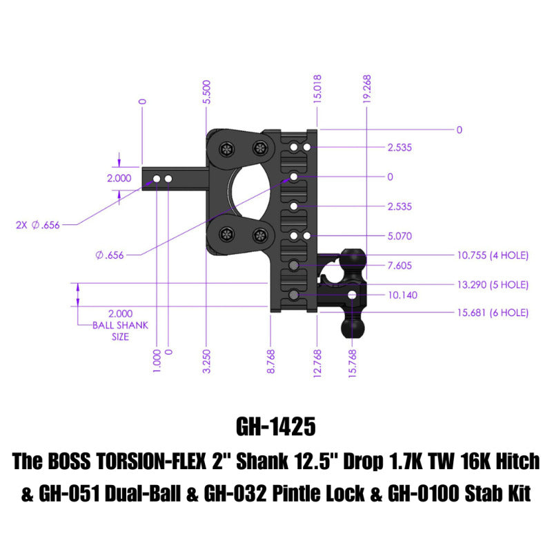 Gen-Y The Boss Torsion-Flex 2in Shank 15in Drop 16K Hitch w/GH-051 Dual-Ball/Pintle Lock/Stab Kit