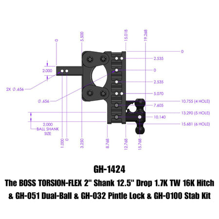Gen-Y The Boss Torsion-Flex 2in Shank 12.5in Drop 16K Hitch w/GH-051 Dual-Ball/Pintle Lock/Stab Kit