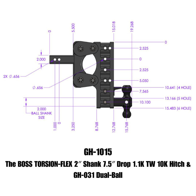 Gen-Y The Boss Torsion-Flex 2in Shank 7.5in Drop 1.1K TW 10K Hitch w/GH-031 Dual-Ball