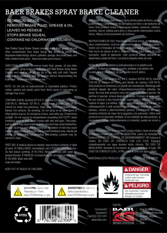 Baer Brakes Spray Brake Cleaner Non-Chlorinated, Technical Grade, 13oz (369g) Can (Aerosol)