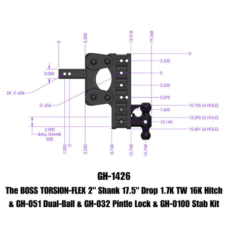 Gen-Y The Boss Torsion-Flex 2in Shank 17.5in Drop 16K Hitch w/GH-051 Dual-Ball/Pintle Lock/Stab Kit