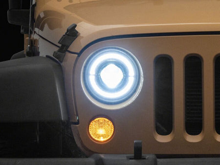 Raxiom 07-08 Jeep Wrangler JK Hi Output LED Headlights/Angel Eye DRL- Black Housing- Clear Lens